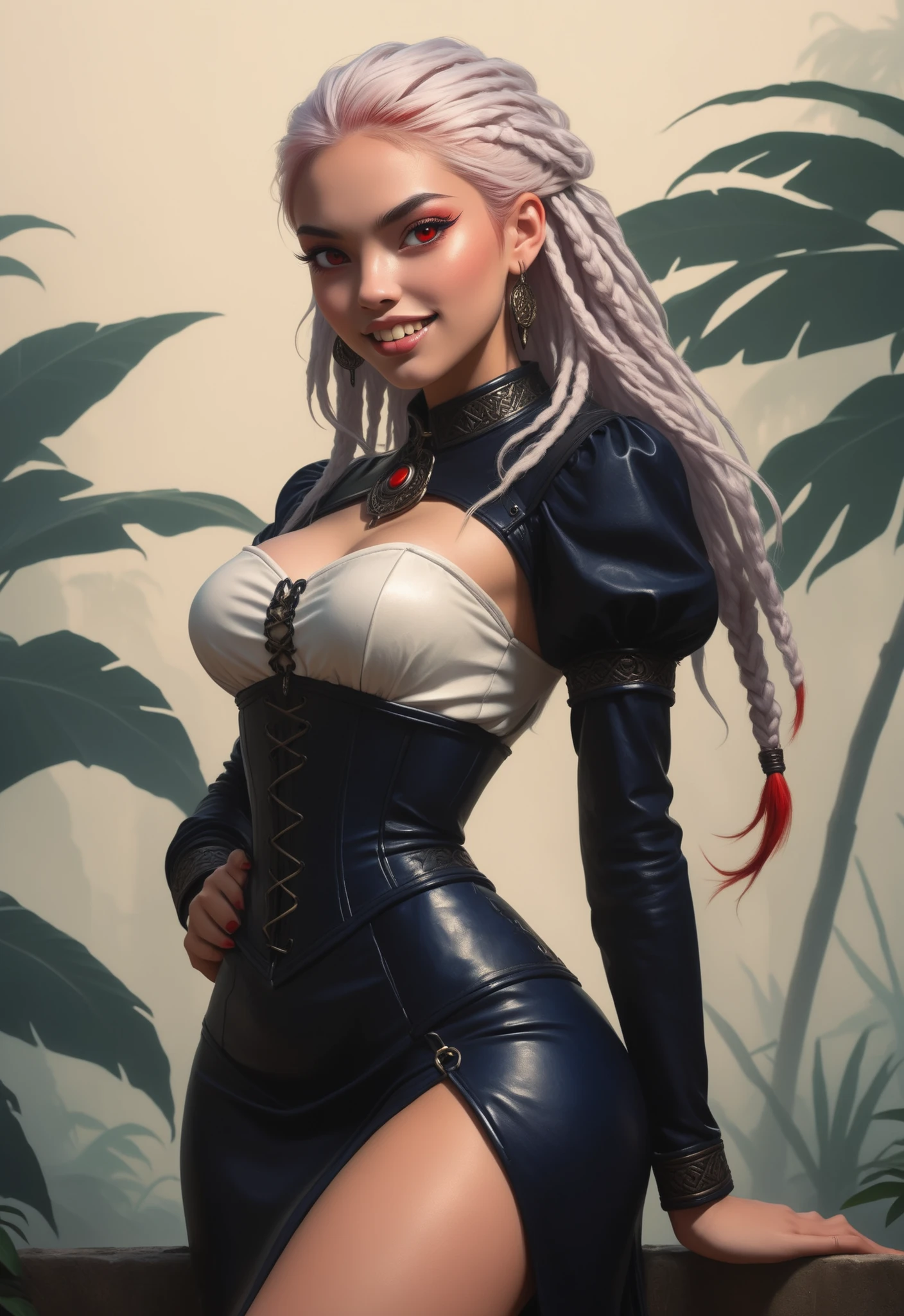 Slender body. Lean body-type. Marble-White skin. Fair skin. Cute 18-year-old Aztec and Indonesian girl with Asian red eyes and unnaturally sharp teeth and dreadlocks (bi-coloured hair: white and red hair). Intense red eyes. Sharp and shark-like teeth. She has a cute and beautiful face. She has a cute and broad nose. She has a round and young face with a pointy chin. Her body is athletic with abs and A-Cup. She wears an intricate, shiny midnight-blue Spanish leather dress with puffed sleeves and corset. Background: Aztec jungle ruins. Realistic lighting. DnD art-style. fake box art, semi-realistic, Looking at the viewer. Drawn like the artist Bob Kehl. HDR colours.