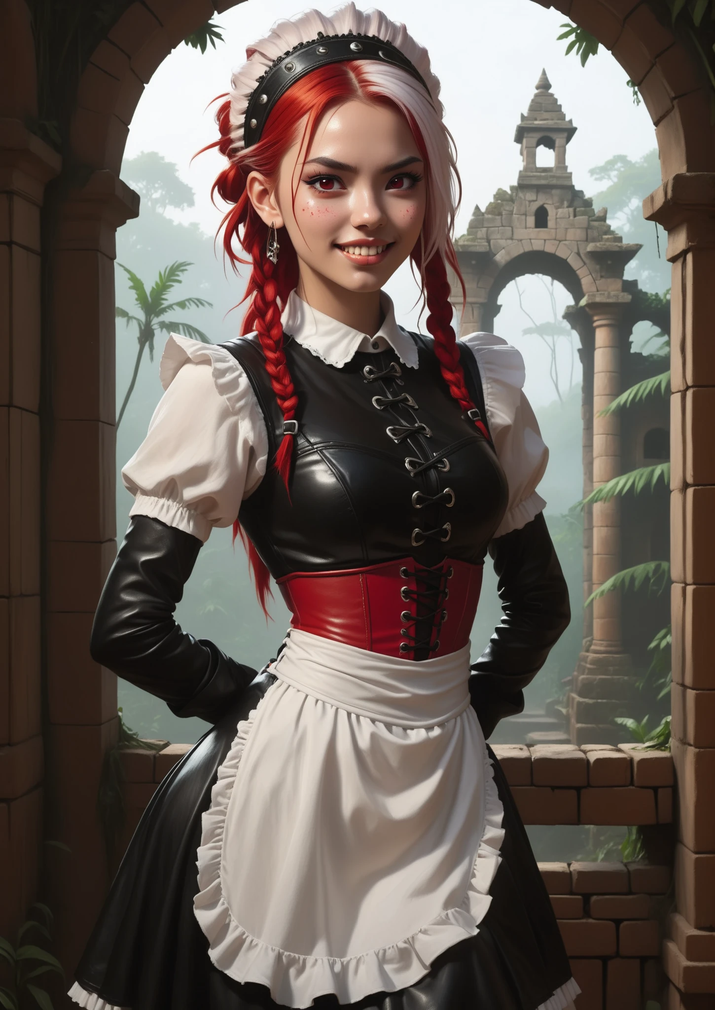 Earnest expression. Slender body. Lean body-type. Marble-White skin. Fair skin. Cute 18-year-old Aztec and Indonesian girl with Asian red eyes and unnaturally sharp teeth and dreadlocks (bi-coloured hair: white and red hair; white highlights in her hair). Small head. Intense red eyes. Sharp and shark-like teeth. She has a cute and beautiful face. She has a cute and broad nose. She has a round and young face with a pointy chin. Her body is athletic with abs and A-Cup. She wears an intricate, shiny, black leather maid-dress with tight-laced red corset (Spanish-style) and a maid-headband. Background: medieval jungle ruins. Realistic lighting. DnD art-style. fake box art, semi-realistic, Looking at the viewer. Drawn like the artist Bob Kehl.