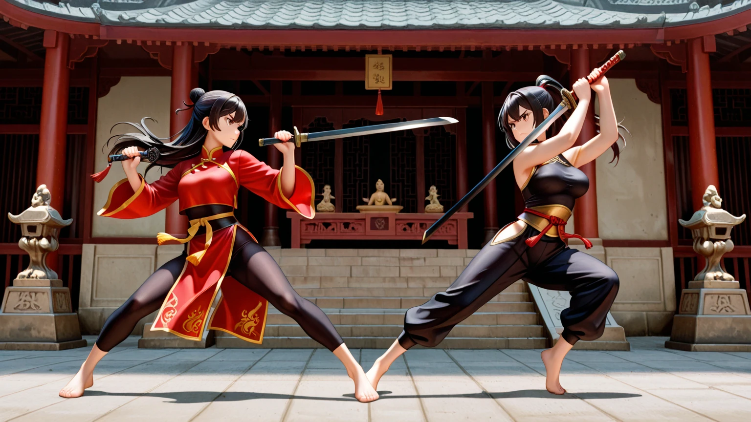 A fierce martial artist in a dynamic fighting stance, wearing traditional kung fu attire with a red sash, mid-air kick with powerful leg extension, intense facial expression,. emphasizing muscle definition and movement full standing pose, side style light green hairs, Character Sheet, 12 yo student, Full body, Simple white background, front pose character reference sheet, Concept art, design sheet