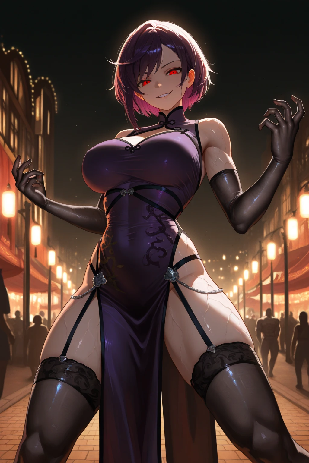 ((Highest quality)), ((masterpiece)), (detailed), (Perfect Face)、The demon woman is Shinobu Kochou, with black bob hair with purple gradation at the ends, styled in a formal evening hairstyle.、The woman is an evil man-eater and wears revealing clothing、City of night、Demon slayer