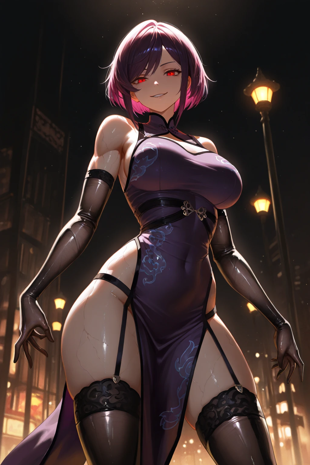 demon slayer girl with pink and blue hair and revealing outfit