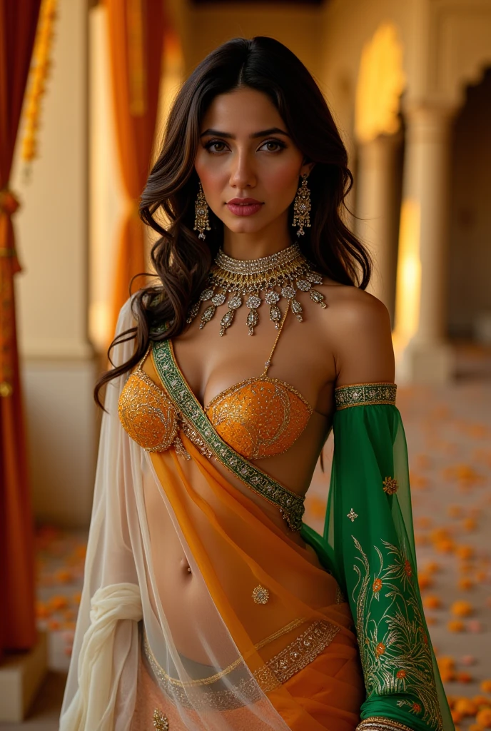 A sexy British lady with a very huge round shining hanging and long cleavage line visible in a sexy folded yellow saree & green single tripe bra.