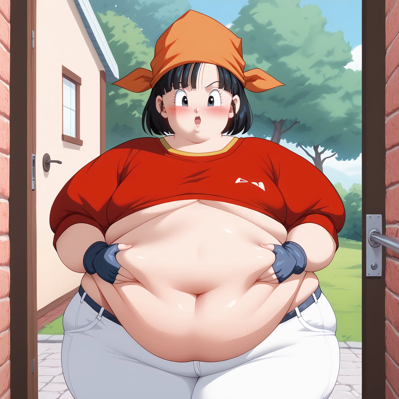 (masterpiece, best quality), 1girl, pan,1girl,solo,short hair,bangs,black hair,orange headband,black eyes, belt,crop top,red jacket,crop jacked,green shorts,turtleneck,bbw, plump, large belly, large breasts, large thighs, love handles, wide hips, weight gain,