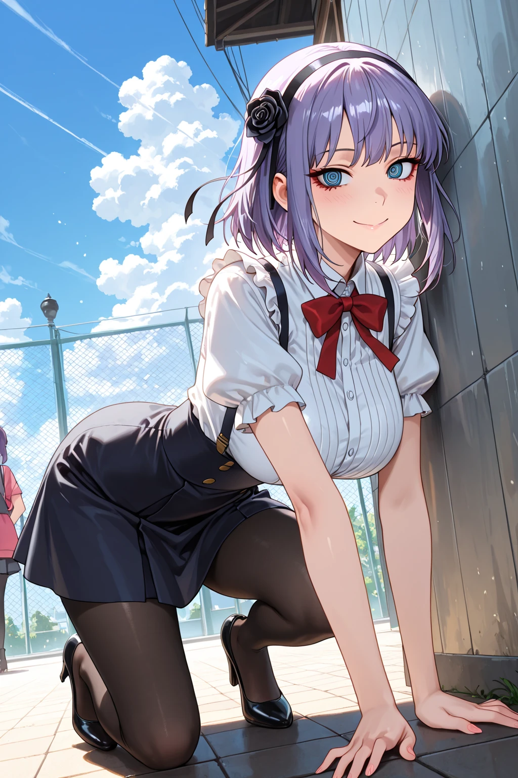 High resolution, Highest quality, super high quality, Ultra-detailed, Cinematic lighting、(四つん這いのButt:1.5)、(squat、woman 、(suit:1.5)、(Black Mini Skirt:1.5)、Bobcut、White Hair、Blue eyes、Beautiful Skin、Beautiful Face、Embarrassing、Beautiful Eyes、Sweaty、Sweat、Butt、完璧なButt、叩きたくなるButt、エロいButt