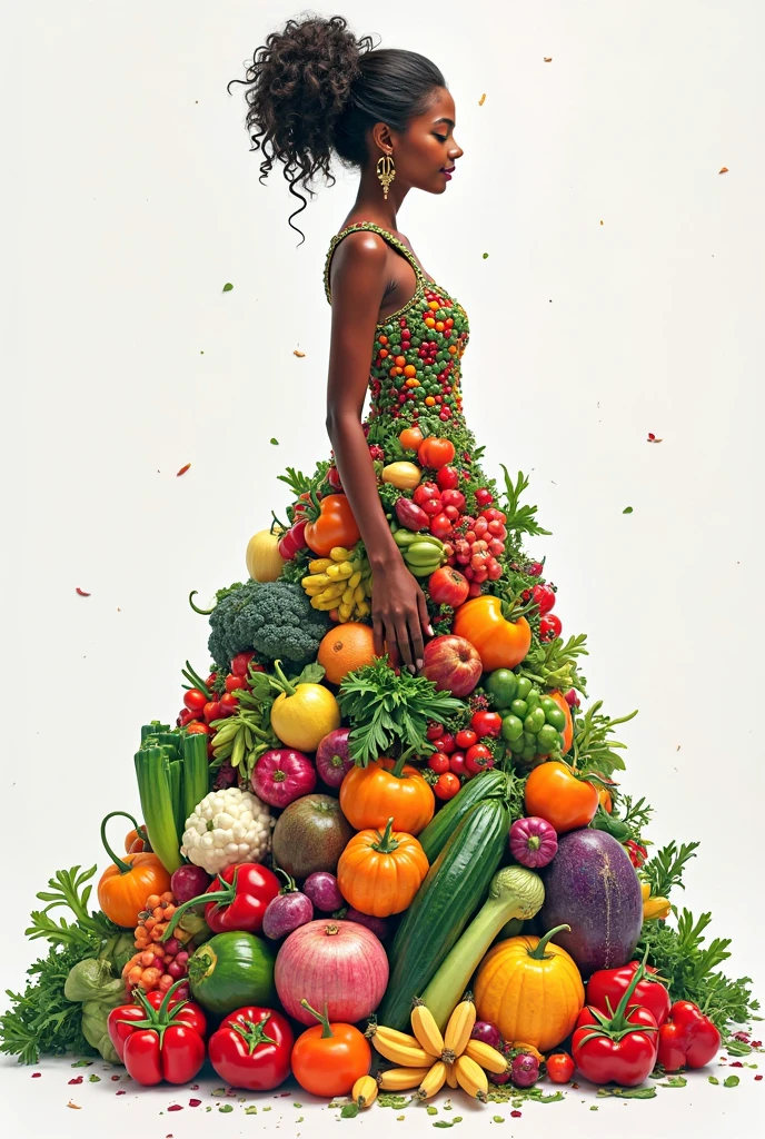 A black woman in a dress made of vegetables, cinematic, insane details, intricate details, hyperdetailed, bright face