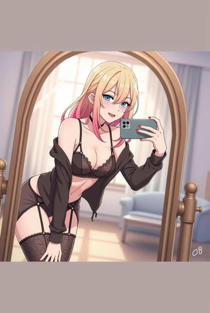 One woman,dark fashion,blonde short bob hair,black tops,shorts,fishnet pantyhose,selfie