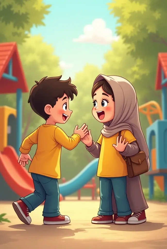 Cartoon with text:
Boy pulling a girls skirt in class, girl in hijab