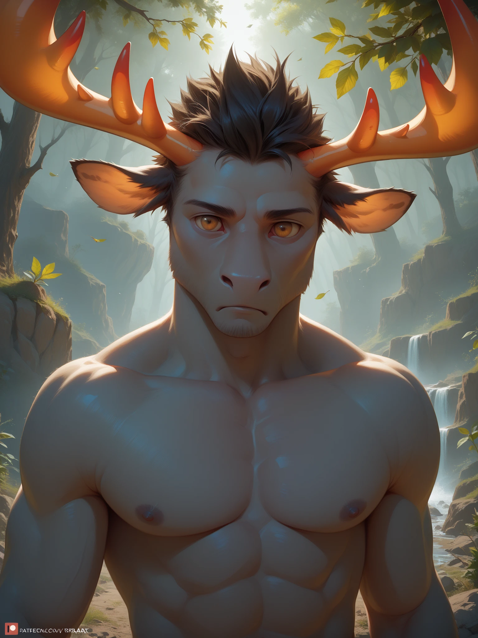 a young brawny male demihuman dragon with muscular build, hoodie, deer-like horn based in Japanese mythology, few scales in body, ((Japanese dragon)), detailed face, fantasy art, digital painting, cinematic lighting, vibrant colors, dramatic atmosphere, hyper detailed, 8k, photorealistic, full body view.