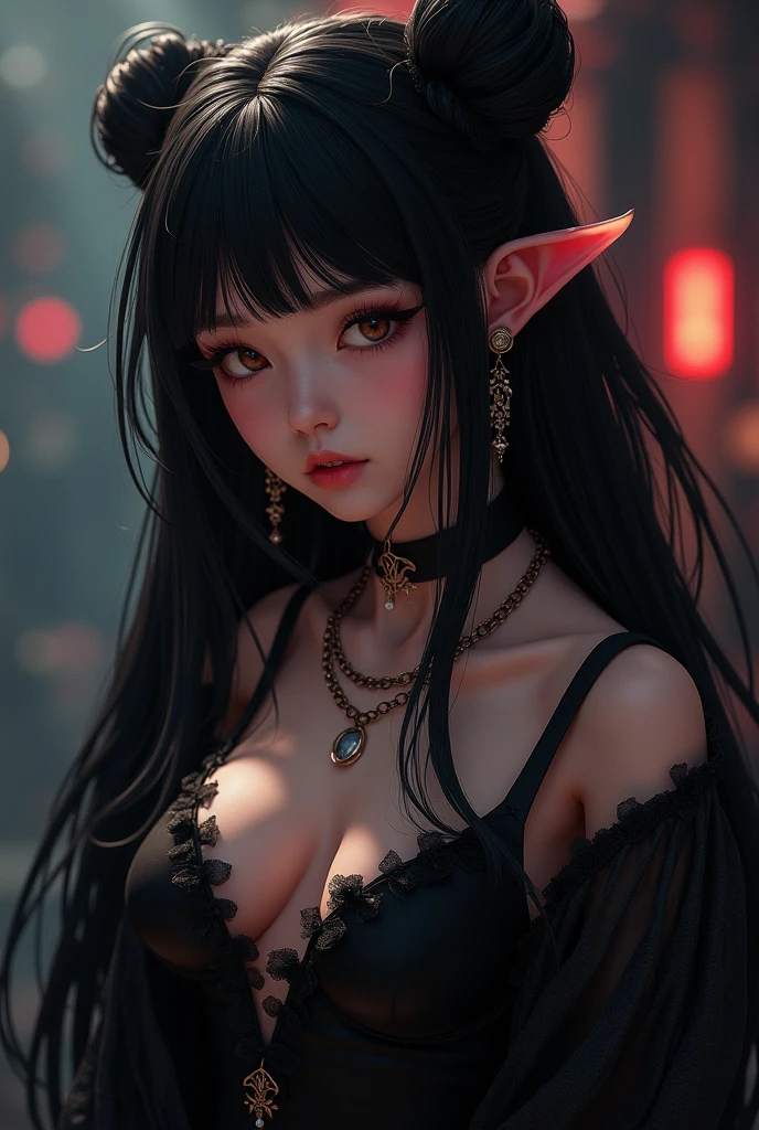 masterpiece), best quality, expressive eyes, perfect face, black skin  and bioluminicens, dark background, elf, HD
black lace outfit, gothic style, delicate and discreet, beautiful, very beautiful, magical, intricate and detailed background