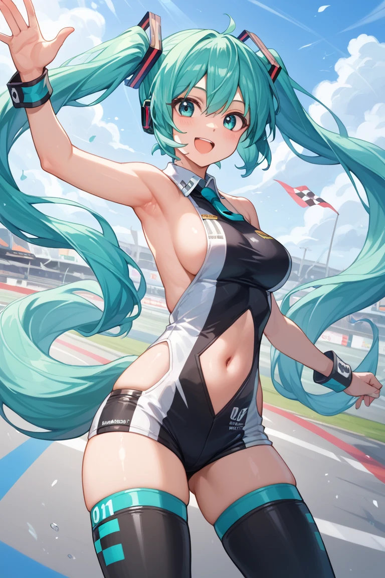A beautiful green hair woman with three braids and deep blue eyes, gazing condescendingly at the viewer with a cute grinning expression, extremely detailed and realistic, masterpiece quality, ultra-detailed, HDR, studio lighting, vivid colors, physically-based rendering, thick muscular thighs,Cute gym clothes, large breast