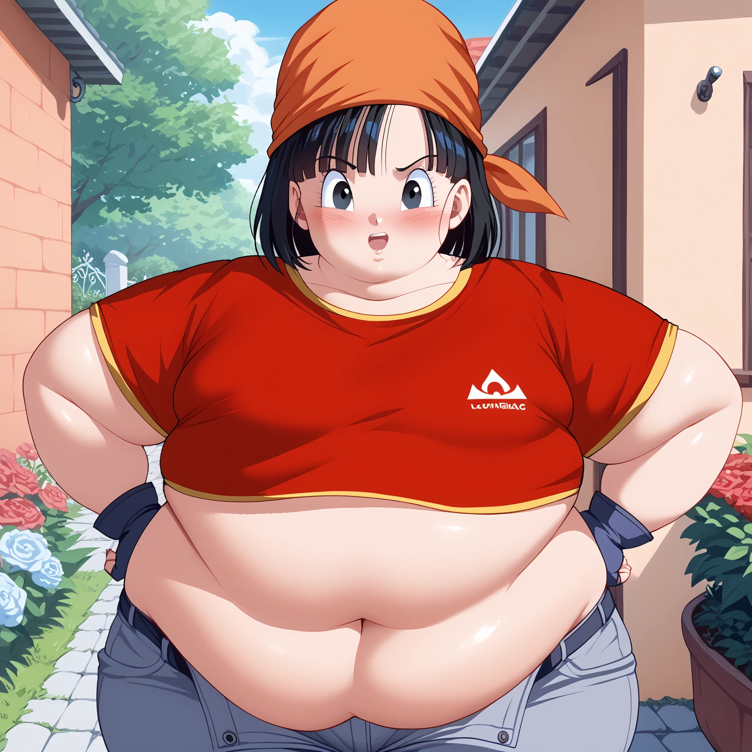 masterpiece, best quality, highest quality,perfect anatomy, perfect face, perfect eyes, pandballgt, 1girl, black eyes, black hair, short hair, orange bandana, pants, fingerless gloves, red shirt, crop top, outdoors, female, big, bbw, plump, large belly, large breasts, large thighs, love handles, wide hips, weight gain,