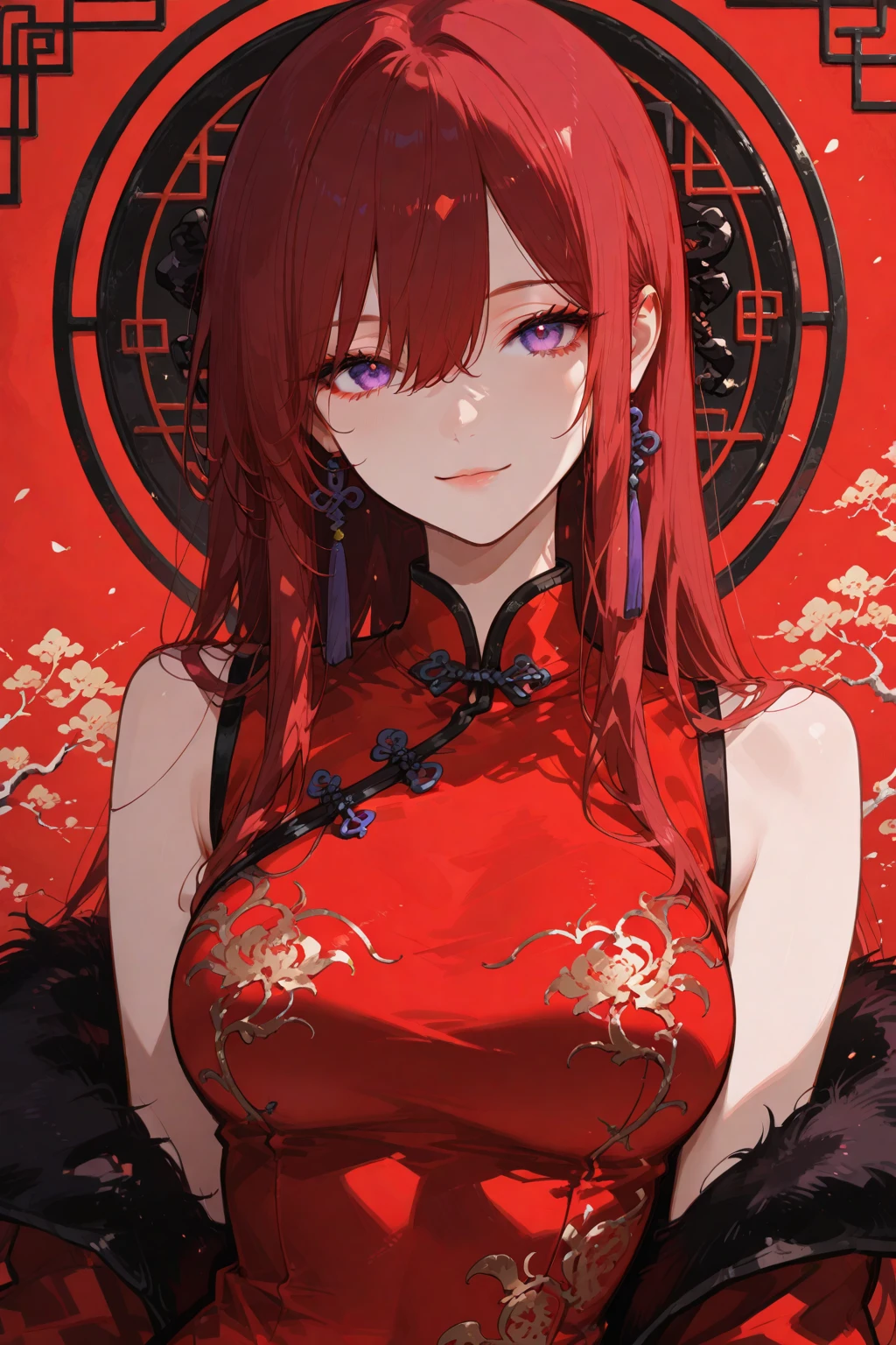 Woman, adult, long red hair, twin tails, golden eyes, short black Chinese dress, large breasts, holding a katana
