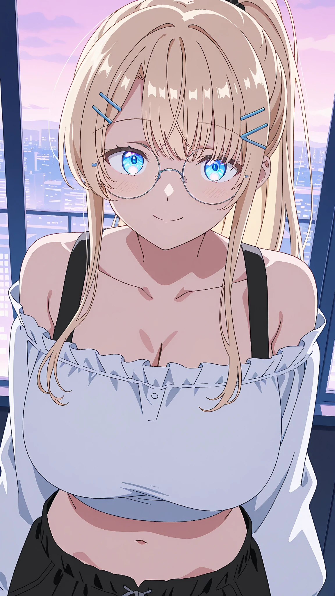 top-quality、Top image quality、in 8K,4K,​masterpiece、(NSFW:1.1)、ultra-detailliert、Beautiful、ultra-quality、５Finger、cute little、girl with((18year old、bath robe:1.3、a blond、disheveled ponytail、Hair stuck to the skin、Blue eyes、eye glass、cleavage of the breast、Glowing skin、Sleep on your back:1.3,Happiness、、Ear-piercing))、hiquality、visualart、Background with((Bedroom at night:1.2)), small breasts