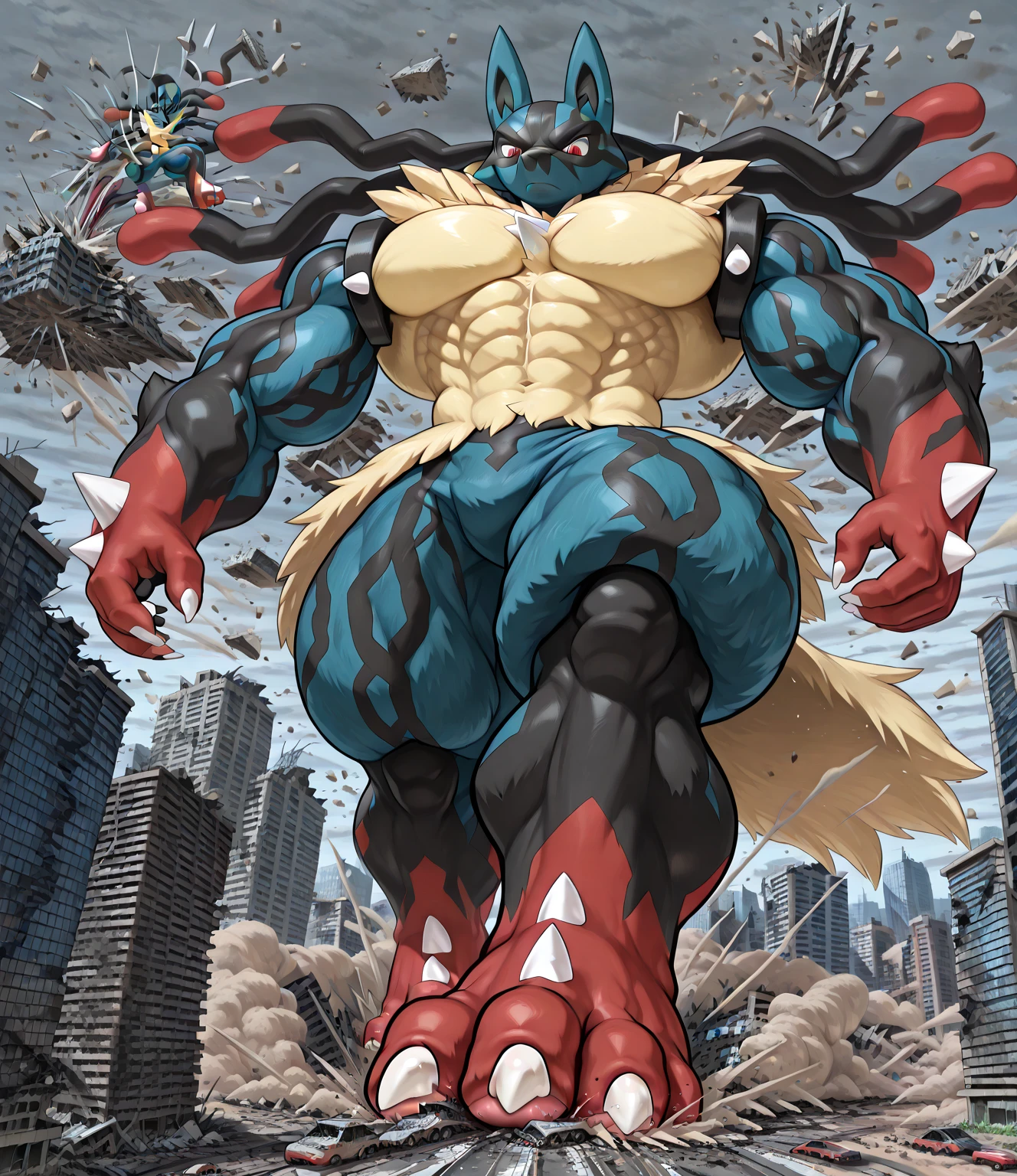 ((Mega Lucario, pokemon \(creature\), black stripes, multicolored skin)
(kemono, bara, solo, furry, Anthro) 
(male, muscular, posing, no , broad shoulders, huge arms, broad ,)
((full body, 8-pack abs, ))
(((sharp white nails, sharp white toenails, )))
(serious, handsome,)
((macro, landscape dwarfing, city dwarfing, walking, stepping, giga size, micro city, looking down, low-angle perspective, city destruction, crushing buildings, stomping, debris flying, collapsing structures, shattered roads, dust clouds, unstoppable force, immense weight, destruction scene, apocalyptic ruins, devastated skyline, unstoppable rampage))
BREAK
(score_9_up,score_8_up,score_7_up,score_6_up,) 
BREAK 
(by null-ghost)