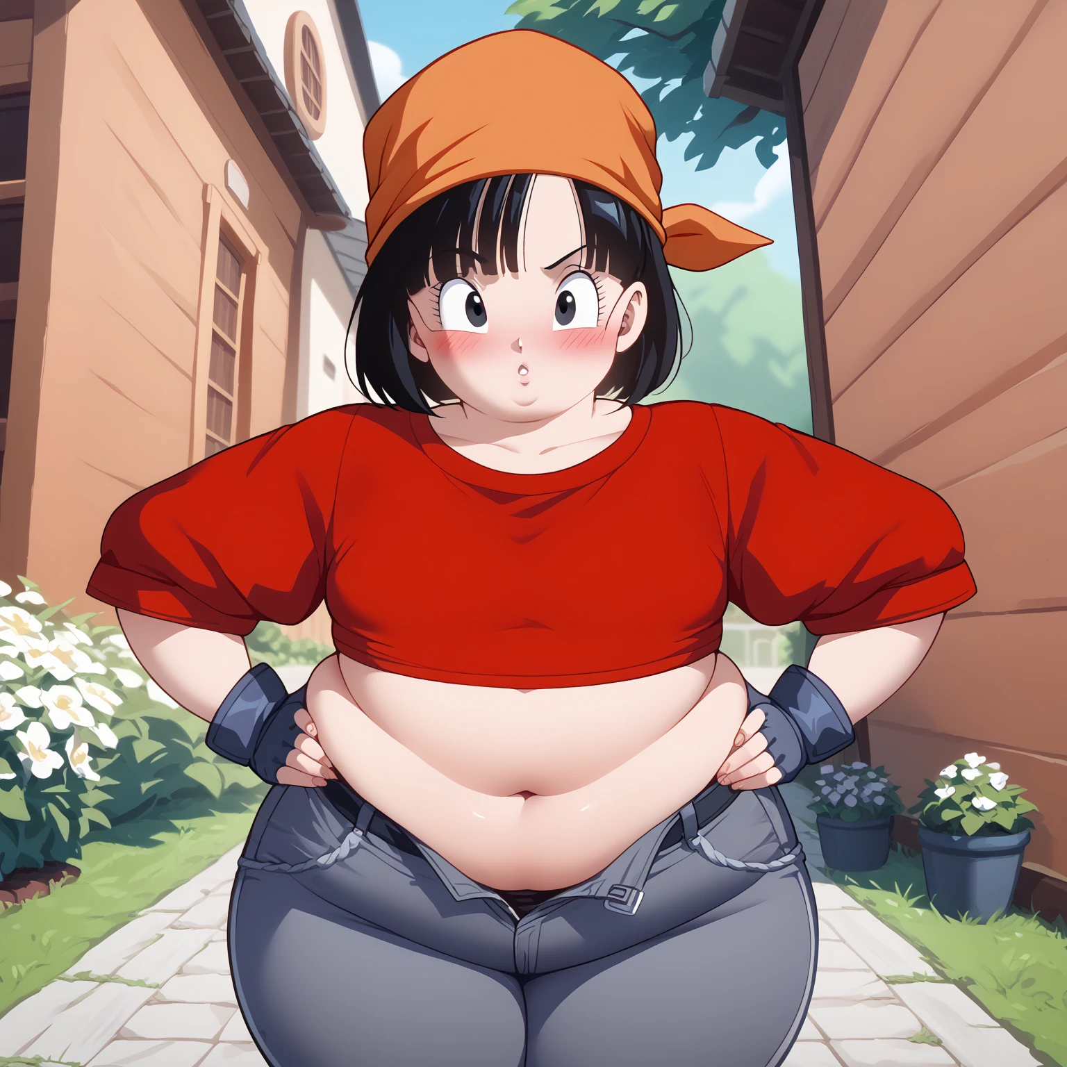 masterpiece, best quality, highest quality,perfect anatomy, perfect face, perfect eyes, pandballgt, 1girl, black eyes, black hair, short hair, orange bandana, pants, fingerless gloves, red shirt, crop top, outdoors, female, big, bbw, plump, large belly, large breasts, large thighs, love handles, wide hips, weight gain,