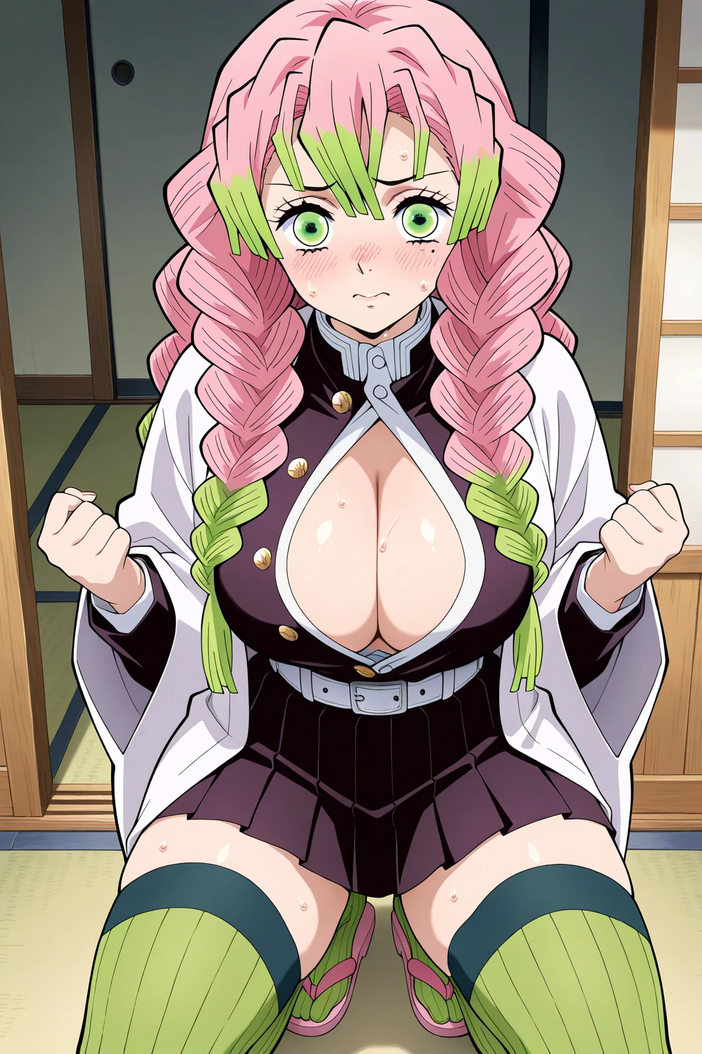 (masterpiece, best quality), intricate details,
MitsuriKanroji, kanroji mitsuri, demon slayer, 1girl, solo, upper body, sky, long hair, smiling, green eyes, pink hair, braid, outdoors, green hair, mole, blurry, twin braids, mole under eye, parody, portrait, close up, large breast, huge breasts, bikini top