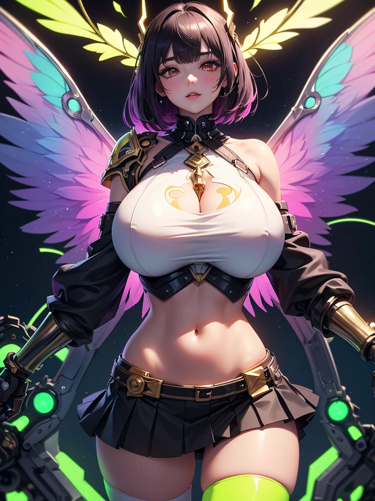 solo, super high image, super detail, high resolution, anime, manga, illustration, fantasy, super cute woman, amorous expression, Bee costume, Bee cosplay, Bee wings, Bee antennae, Gold Design Nippleless, sparkling big yellow eyes, laugh mischievously, happy, shy, huge breasts, under boob, great proportion, perfect proportion, slender, Full body, background northern renaissance style, kaleidoscope, rainbow and gold neon light many lines