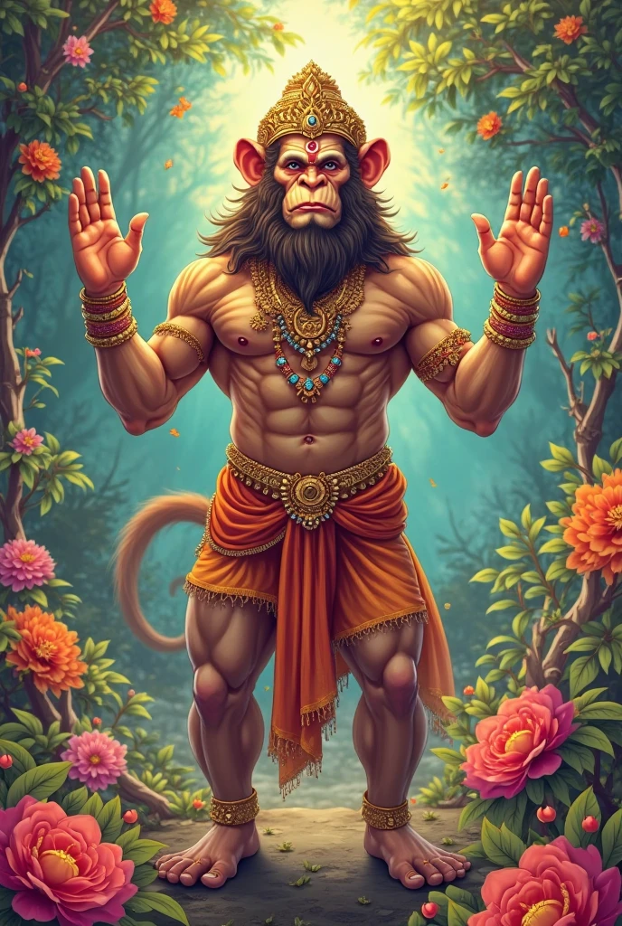 Here's a refined prompt that includes Lord Hanuman giving blessings:
"Create a realistic image of Lord Hanuman, the revered Hindu deity, with distinct monkey-like features, giving blessings. Depict him with a powerful, muscular body covered in reddish-brown fur. His face should resemble a monkey's, with a broad, flat nose, a pronounced snout, large, round eyes showing compassion and strength, and a gentle smile. His ears should be rounded and prominent, and his mouth should display sharp teeth. Hanuman is wearing a golden crown with colorful gemstones and a tilak (sacred mark) on his forehead. His right hand is raised in a gesture of blessing (abhaya mudra), with his palm facing forward, radiating warmth and protection. He is dressed in a red dhoti with a golden border and adorned with golden jewelry, including necklaces, bracelets, and anklets. His long, curled tail rises behind him. In his left hand, he holds a golden mace (gada). The background features a divine landscape with soft, golden clouds, a glowing aura, and a serene, vibrant sky, emphasizing his divine presence and his role as a protector and guide."
Extremely monkey face features ultra realistic monkey face features he shouldn't show his teeth