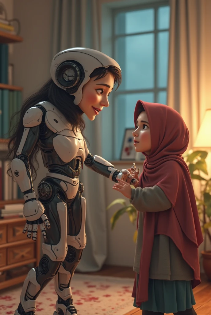 female robot wearing hijab, big breasts, white body, robot arm, playing with children on the bedroom