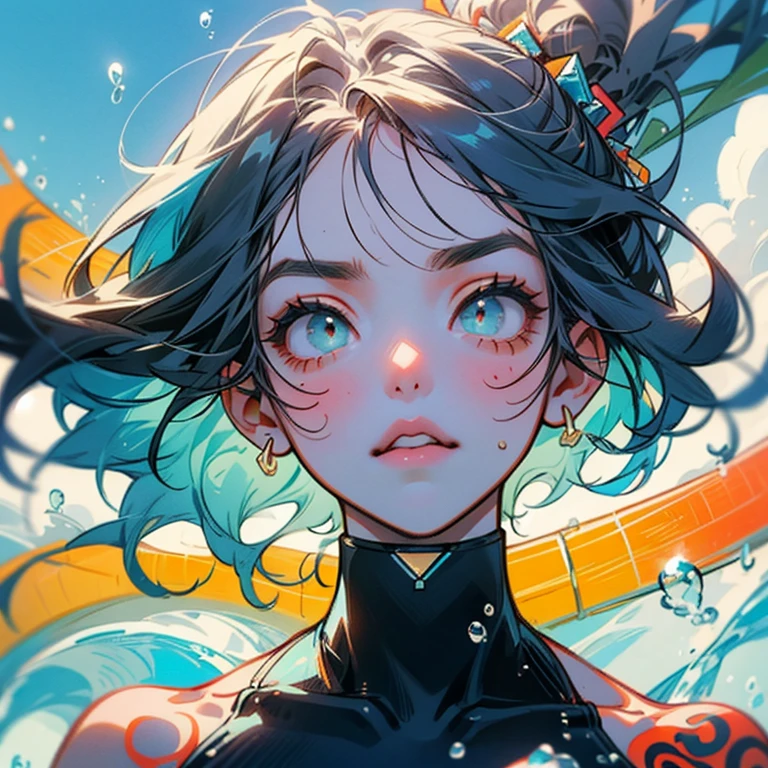 female Mavis long black long ponytail hair bikini scuba diving fins mask snorkel background anime series human