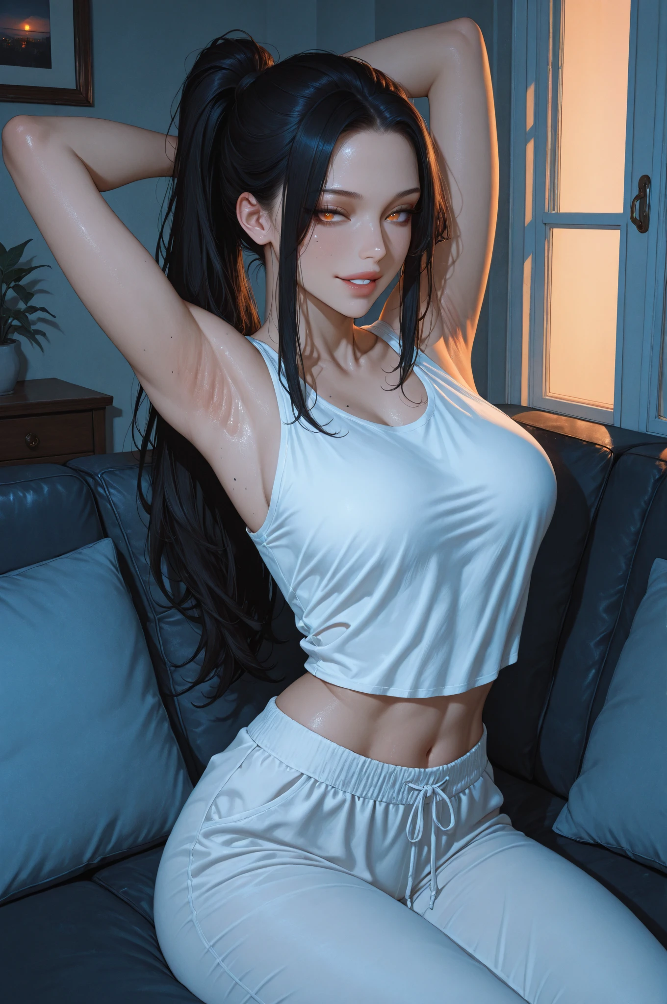 best quality, masterpiece, highly detailed,1girl, Boa Hancock, , (masterpiece:1.5), Detailed Photo, Smiling, Sexy, (8K, Best Quality: 1.4), (1girl), Beautiful Face, (anime realistic Face), (Black Hair, long Hair: 1.3), Beautiful Hairstyle, Realistic eyes, beautiful detail eyes, (white skin), beautiful skin, absurd, attractive, ultra high resolution, ultra realistic, high definition, golden ratio, (sexually aroused:1.5), Pinkish white skin, cool white light, sexy pose, Beautiful , white background, pink soft white light, Wear a white tank top, sexy armpit