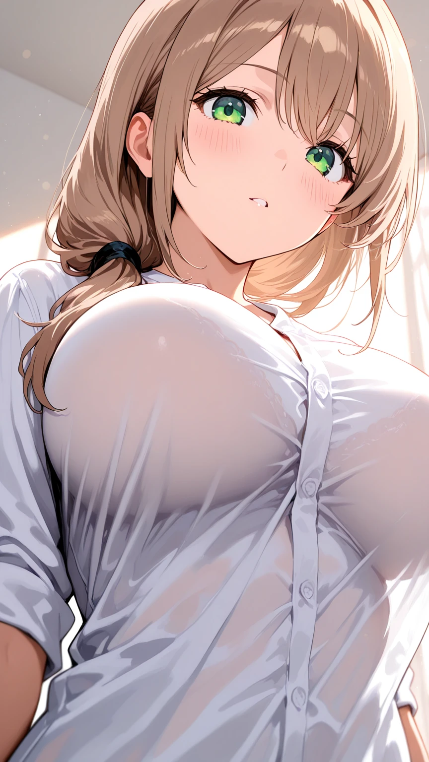 One Woman, Highest quality, masterpiece, Ultra HD, Beautiful breasts, Cleavage, anime, Forehead visible, smile, Open your mouth, super beautiful, Open shirt, A shirt with a very open chest, Lady, clear, high school girl, classroom, Super erect nipples, Diagonally below, Upward nipples, Beautiful breasts, Shapely breasts, Underboob, Upper Body, Blonde, blush,