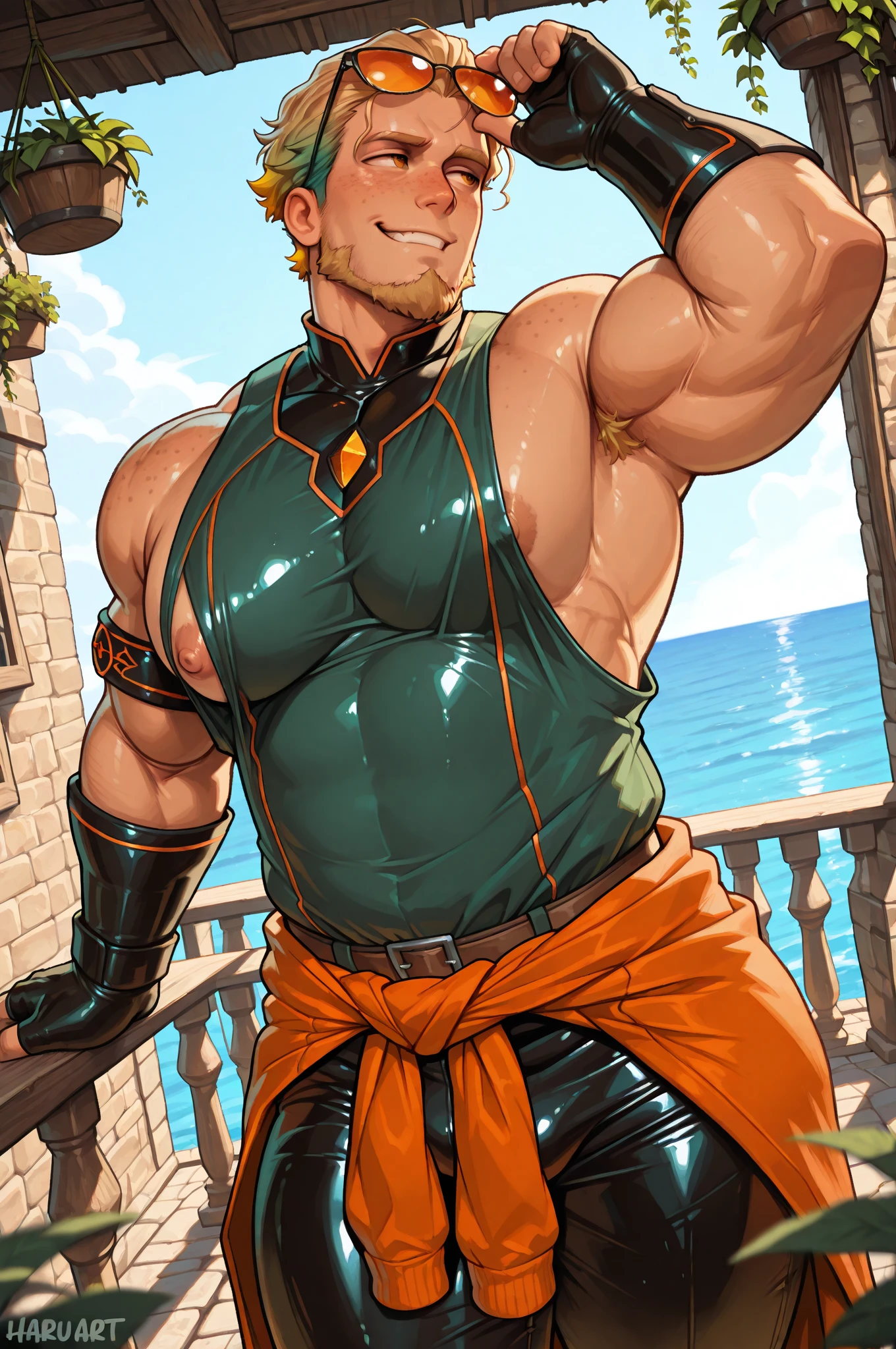 score_9, score_8_up, score_7_up, score_6_up, rating explicit, focus male, source anime, yaoi, cowboy shot, low angle, cinematic angle, motion lines, motion blur, spoken, sfx, final fantasy, final fantasy vi, (sabin rene figaro):1.2, 1boy, :3, bare shoulders, blonde hair, blue eyes, blue shirt, crossed arms, earrings, facial hair, jewelry, male focus, muscular, pants, rock, shirt, sitting on floor, detailed bulge, big bulge, smile, waist sash, sunny, sunrays, sweat, glossy skin, amazing quality, best aesthetic, absurdres, year 2023, sexy man, sexy pose,