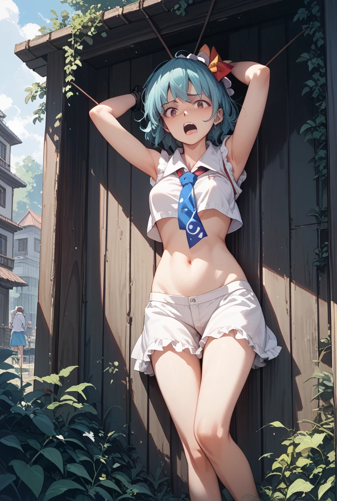 NSFW,Little girl pulling up white skirt,((bared chest)),(shorth hair) ,(Blue and green eyes),(Heterochromia),Revealing clothes, Lori,Curvaceous,Exposed genitals,small tits,Whip thighs,((1man with 1woman,Having sex)), Cowgirl, High resolution,Best Quality
