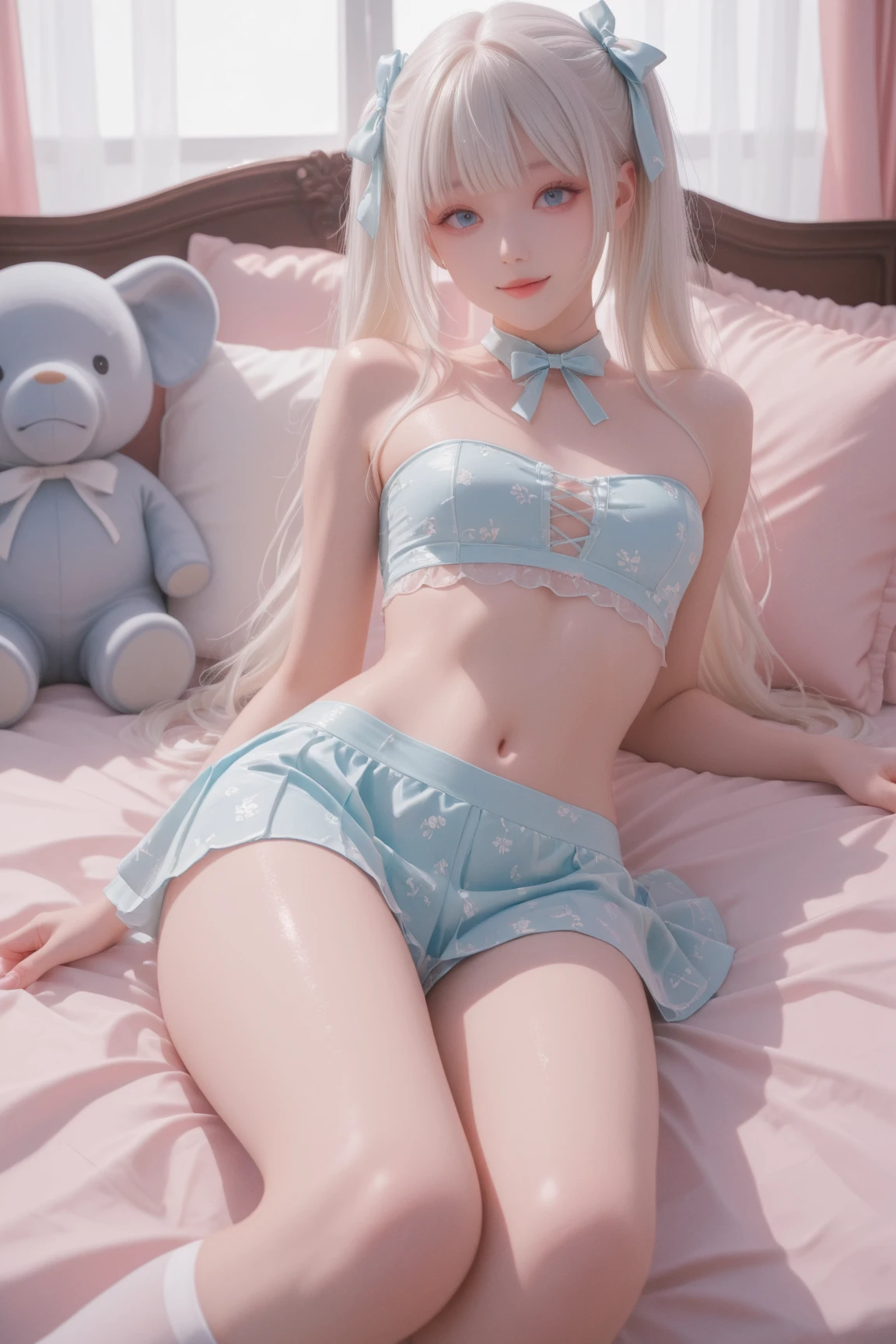 (((Lie on your back with your legs spread wide on a silk bed)))、(((Chew sausages deliciously in your mouth)))、(((stick out your tongue and lick the sausage)))、((Drops of white juice in the mouth)))、(((closing eye)))、(((Open your mouth wide to the maximum)))、(((Sleeping on her back on the bed)))、Sexy and very beautiful shiny cute face、shiny beautiful skin、White beautiful skin、Beautiful cute sexy shining beautiful pale light blue eyes, Beautiful very long silky blonde hair、Sexy swaying bangs、18 years old cute little face beautiful girl、weddingdress、(((Large chest)))、yawns、((a baby face))、 (((Petite))), (((Little))), ((Flat_Chest)), ((skinny)),