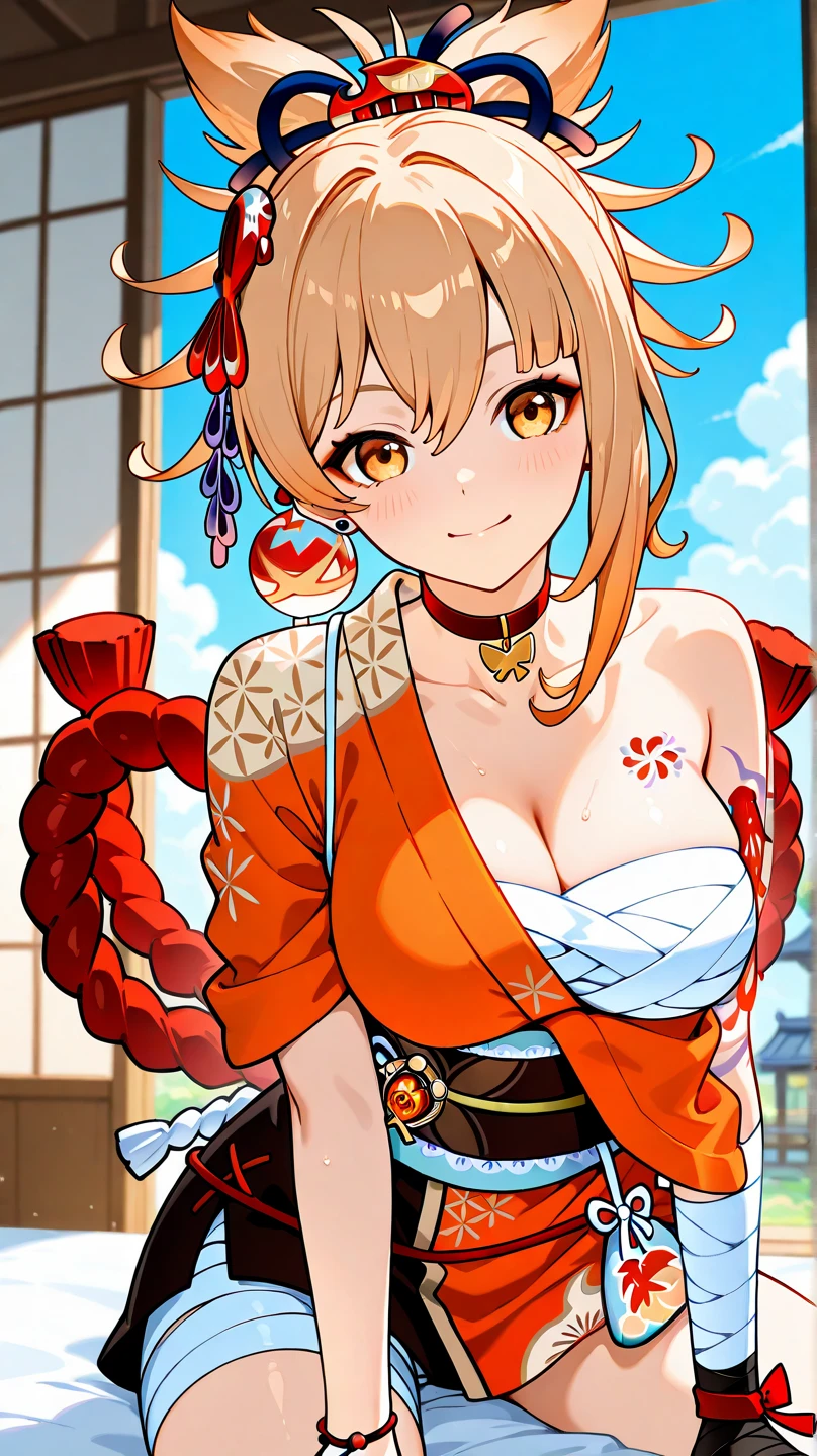 arisugawa natusha, orange hair, 4K, Masterpiece, highres, absurdres, natural volumetric lighting and best shadows, smiling, deep depth of field, soft delicate beautiful attractive face, beautiful edgOiran_woman, a woman in a kimono posing for a picture, cleavage, huge breasts, perfect edgOiran_face, perfect edgOiran_body, edgOiran_makeup, edgOiran_hairstyle