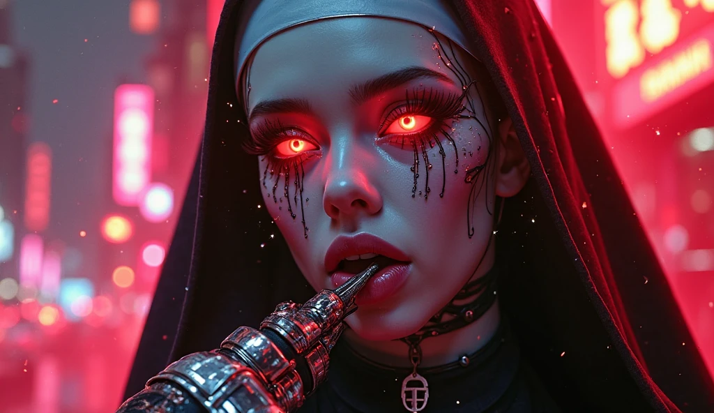 woman dj nun zombie, bloody face, huge breasts, dark, horror, red tones, gothic church in the background, ultra realistic, horror movie lighting, scary, chaos, neon lights in the background, realistic, dark, huge breast, Fujifilm Fujichrome Provia 100F movie, flashlight, ultra realistic, 8K UHD. --auto --s2