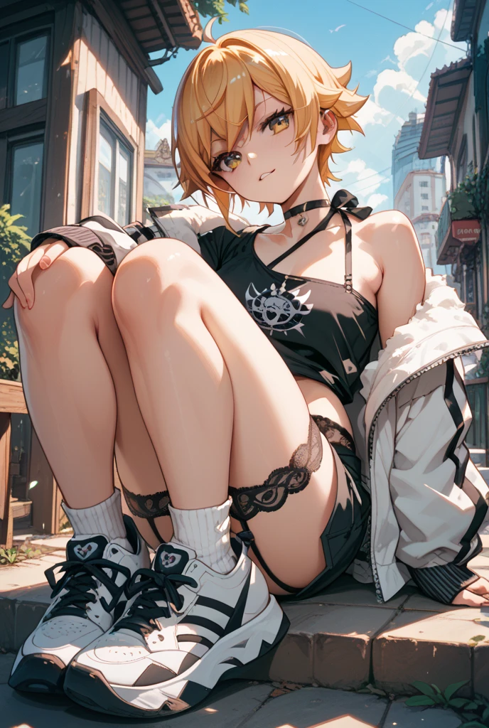 Absurd, Super detailedな,(In 8K:1.3),Masseter muscle area,(masterpiece:1.2)、(Highest quality)、4K、Super detailed、(Movement Structure:1.4)、(Shining Lights、Atmosphere lighting), High resolution, Best Quality、(One person:1.4),Super detailedな,Bright colors、Treebreak Production Art、(Warm color light source:1.2),High-level image quality、Fine image quality、Intricate details,Volumetric Lighting,Realism BREAK、Profile、 Idol face、15 years old、Very beautiful face and eyes, Beautiful images、natural make up、 big eyes,、 (full-body shot:1.3)、 (breast grab)、 (Big Tits:1.2)、(curvy body)、(glossy skin :1.5)、(Baby Face:1.5)、 (graffiti:1.5)、 (blonde hair,short hair:1.2)、(black、Plain、oversized t-shirt:1.5)、(black、cap:1.5)、(black、Short cargo pants:1.5)、(Wallet Chain)、(white、Low Cut、sneakers:1.5)