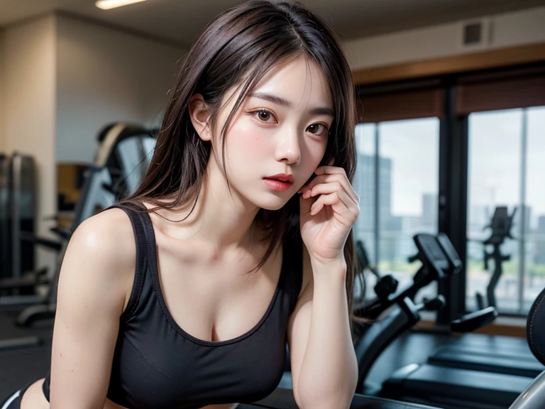 ((top quality、8 thousand、masterpiece:1.3)), Highly detailed face and skin textures、detailed eyes、double eyelid,  sports bra、Very delicate and beautiful.、Highly detailed CG、unity, very very detailed、highest resolution、ighly Details、Beautiful detail girl、매우 detailed eyes과 얼굴、beautiful delicate eyes、(high ponytail:1.3)、a sporty girl、(gym)、Tranning、Exercise、 (huge breasts:1.3), The front is beautiful, beautiful thigh body, Small face,