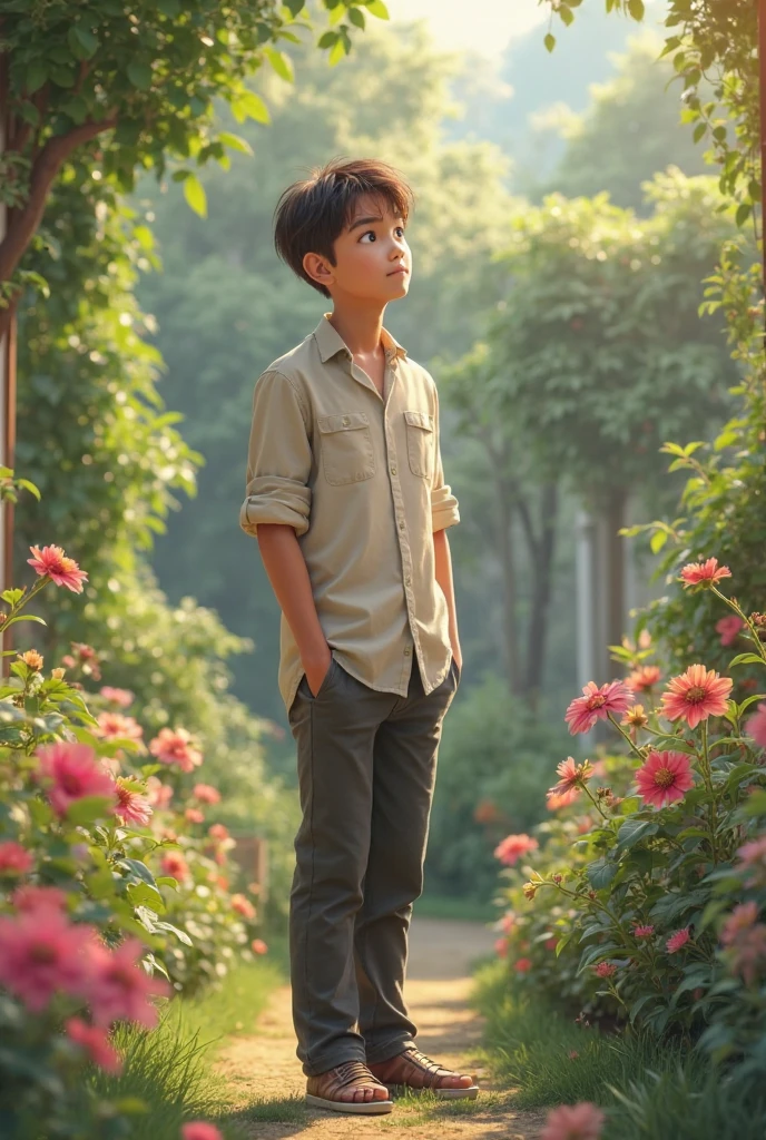 Realistic portrait of a seven-year-old boy, He wears a red shirt , Short blue pants . His face is childish and exploratory . Walking around the house garden , He wanders between the dirt lanes , Smell the colorful and beautiful flowers , Insects hovering around the flowers