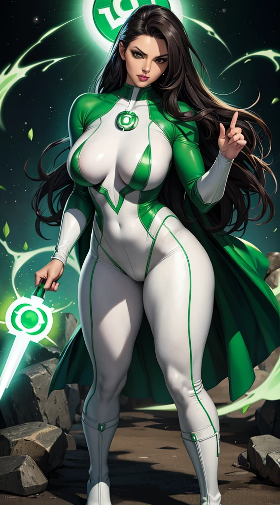 Green Lantern, DC Comics, Jessica Cruz, nude, Latina woman, long dark hair, sallow skin, white boots, white grove, black bodysuit, green body armor, green ring on middle finger of right hand.