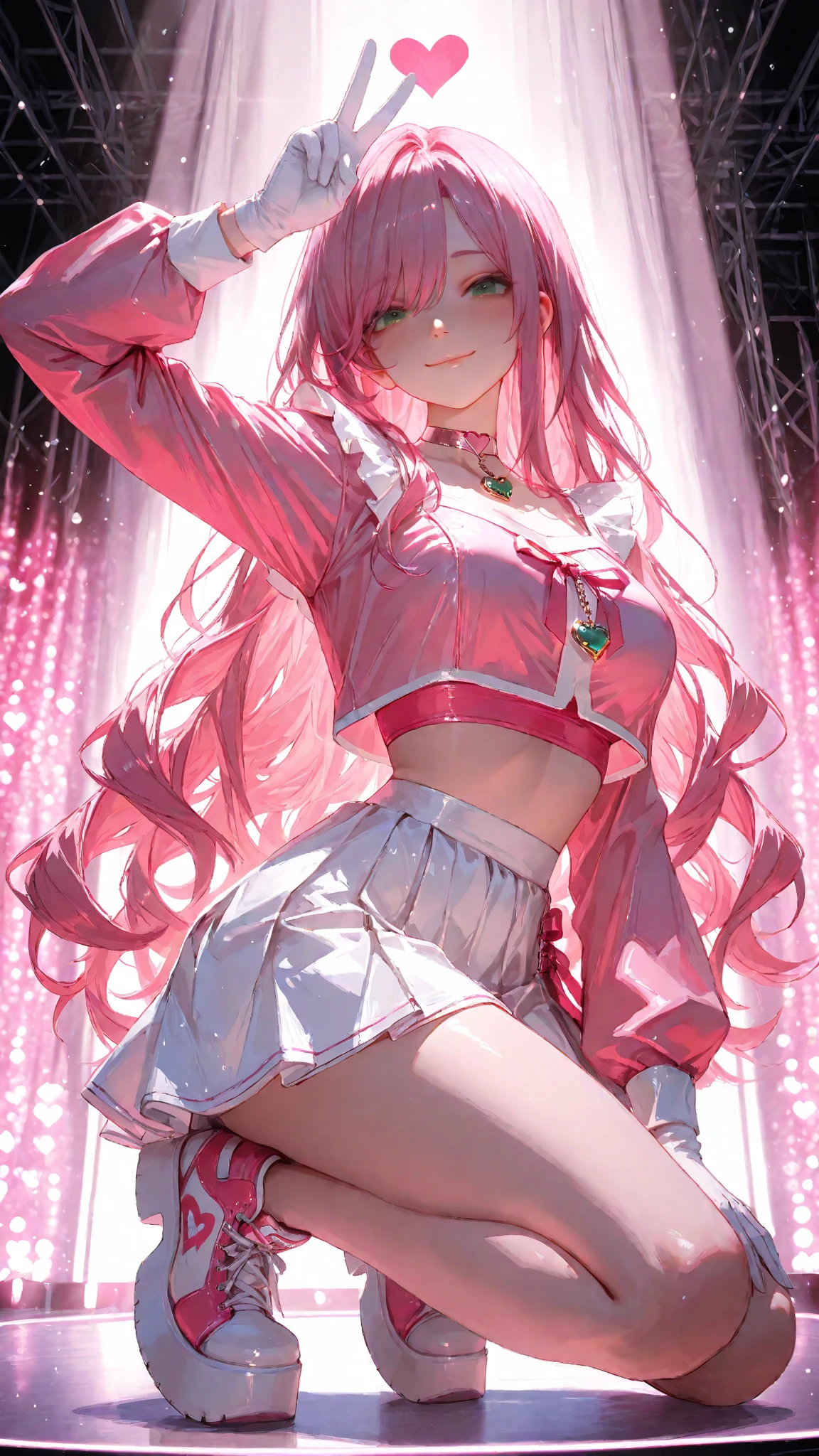 Arti modern anime. angled view, face closeup action portrait beautiful "Chibiusa", leaning forward, slim body, highly ornamented and detailed "pink glitter skirt", "white top" "white gloves", "red chest bow", angle, "pink knee high heel boots", knee high socks, depth of field blur effect, night, photorealistic. cinematic lighting, highly detailed. best quality, 4k, Better hand, perfect anatomy, coy cute flirty focused expression, reflection, flat chested, highly ornamented clothing, fight battle pose, surrounded by hearts sparkling around her
