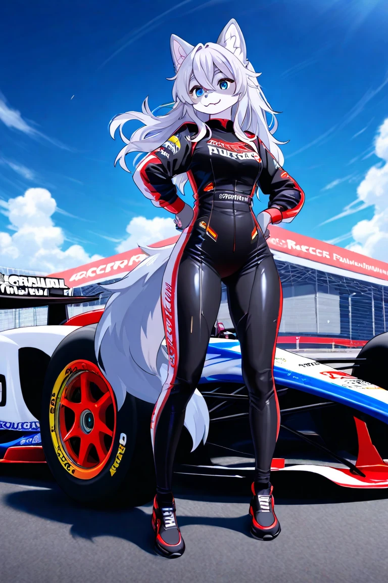 Beautiful Wolf Female, Grey Skin, White Hair, Yellow Eyes, Red Suit Ferrari Pilot Racing
