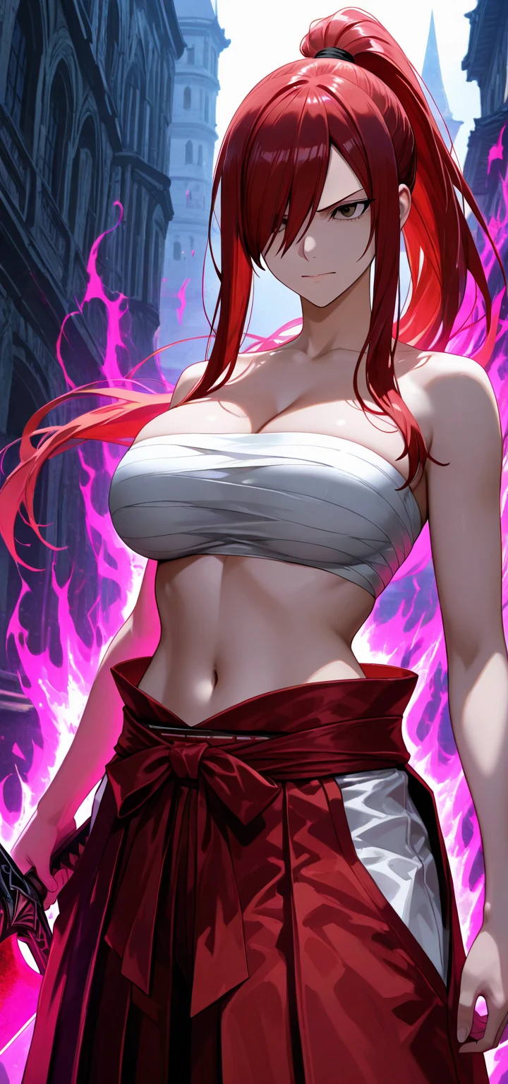 (best quality,4k,highres), mature women with white hair,red eye, hair covering one eye, bandaged Breasts , red moon background, Tattoo on shoulder ,mature, cool expression ,ultra-detailed,sharp focus,vivid colors,portraits, Night , Hakama Pant , from below view,  large breast, Navel , Ahoge hair, Long wavy hair, Tattoo on arm
