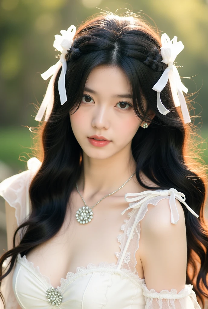 A girl around 13 years old,Pale skin,Very long hair, Black straight hair. Large target、black eyes , With a strong and mysterious expression. Dressed in orphan clothing style, More elegant and refined, Something that matches her mysterious and strong personality. Comprehensive, Her presence will attract attention, Attract curious and inquisitive eyes. light, Chromatic Aberration, Backlight, masterpiece, High Detail, high quality, 4k.(breast),Off-shoulder,Sleeveless,No underwear,Sexy pose,blush,Perfect makeup,Surrealism,Kodak Photography,White maid outfit