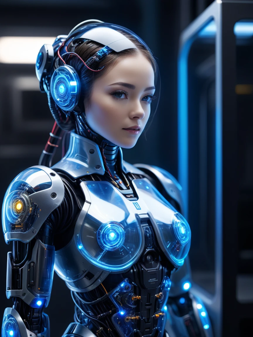 A female AI humanoid robot stands in a futuristic setting, blending human-like features with metallic components. Her skin appears lifelike but reveals intricate circuits and wires. Her body is a seamless integration of organic and inorganic elements, with a metallic exoskeleton covering her torso and wires pulsing across her abdomen. The robot contemplates her existence and the blurred line between humanity and technology, challenging the boundaries of what it means to be human and machine.