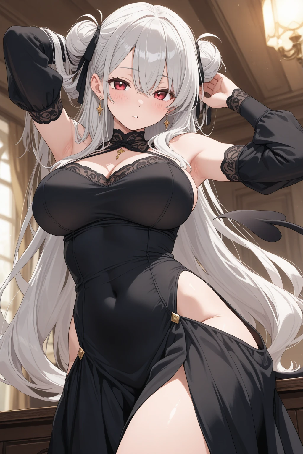 beautiful, (masterpiece), best quality, (extremely detailed face), extremely detailed eyes,  perfect lighting, OverallDetail, detailed, deep skin,textured skin,
, paimon gi,  single thighhigh, thighhighs, halo, , hair between eyes ,white hair,
 ,virgin killer sweater, backless outfit, sexshop, perfect hand, perfect fingers
