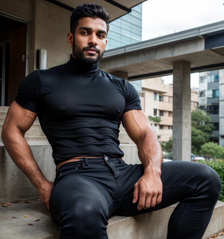 A Handsome 20years old Indian boy, realistic face and body, fitness body, black short hair cut, stylish pose, wearing a Lycra full sleeves shirt attached blue pent, full body image
