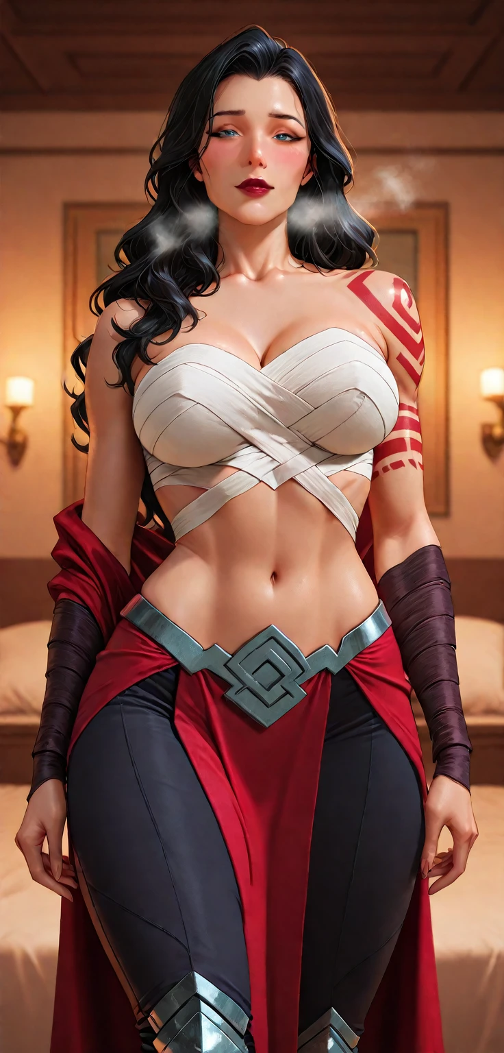 1girl, Ahri, \(league of legends\), black hair, cleavage, wearing a ((big diaper)), (diapered), red elegant gown, river forest background, nature, beautiful, sunny, sexy, busty, (standing), flirty, seductive