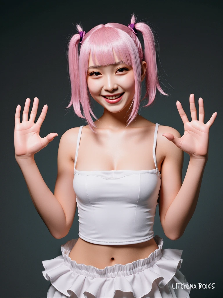 Perfect human body modeling, 1girl, small breasts, beautiful girl, cute girl and idol face, young face, smile, Beautiful long pink hair, twintails, Beautiful shining red eyes, white skin, Short body, fashion show, runway, spotlight, whole body, swimsuit that is too tight to wear, Naughty Swimsuit,
