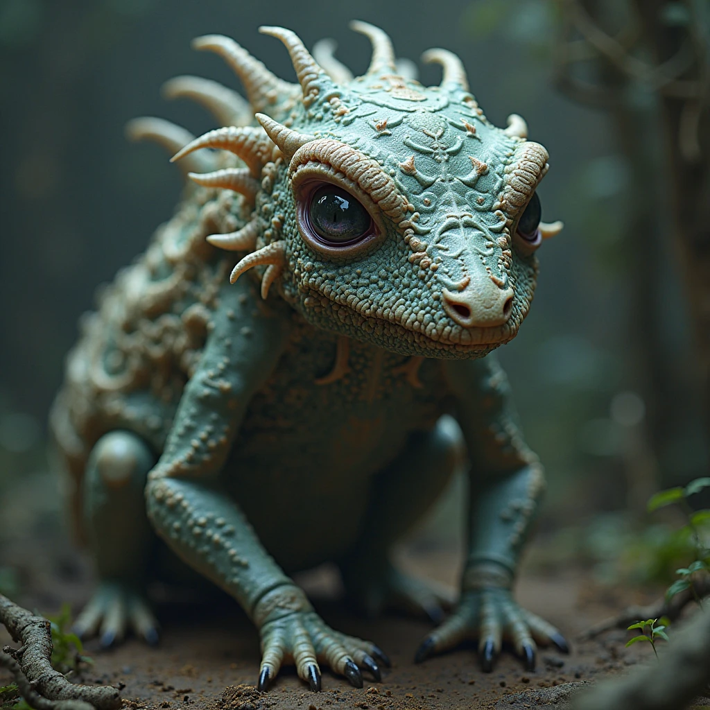 Close-up image of a half-human,half-alien creature observed under a high-powered microscope. The creature's skin is covered in intricately patterned scales and small,shimmering crystals. Its eyes are large and expressive,with multiple irises that shift colors in response to its emotions. Two long,slender arms sprout from its torso,each ending in a hand tipped with sharp claws. The creature's lower body is a series of segmented sections,each one covered in tiny,pulsing sacs filled with a bioluminescent substance that glows faintly. The background is a blur of intricate machinery and wires,as if taken from an advanced laboratory