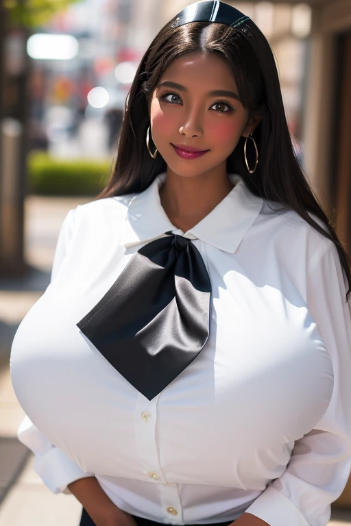 Super huge breasts, ditail lips, pink lips, long hair, cleavage of breasts, beautiful asian girl, gal, shining skin, brown hair, dark skin, tanned skin, brown skin, gigantic breasts, JK , hi-school girl, school student uniform, Chest bulge, 1 girl, heavy makeup, glowy skin, smile, (big breasts:1.5), lipstick, thick lips, white shirt, large earrings, Leaning forward, All upper body
