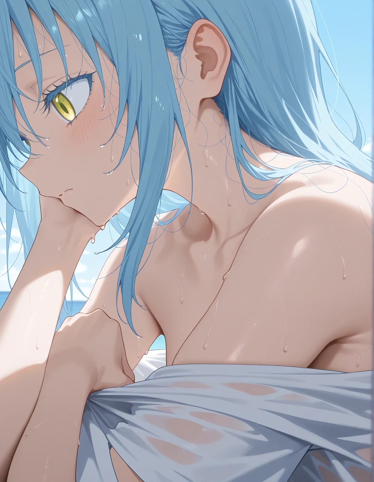 masterpiece, High resolution, anime,alone,Adult female, 8k, detailed, Perfect Face, highest quality, (super high quality),(Jujutsu Kaisen Art Style), (Lying on the ground), (Closed eyes:1.3), (Open your mouth:1.5),clavicle, topless, Medium breast,(Open your mouth;1.5), Perfect nipples,Cleavage, Blue Hair, Long Hair, dark blue 目, Stomach, , belly button, (White lace panties), White shirt fully open front, Fully open white shirt, ((Black Pants)), in the forest,Perfect body, Upper Body, blush,,Troubled expression, Troubled eyebrows,in the forest,
