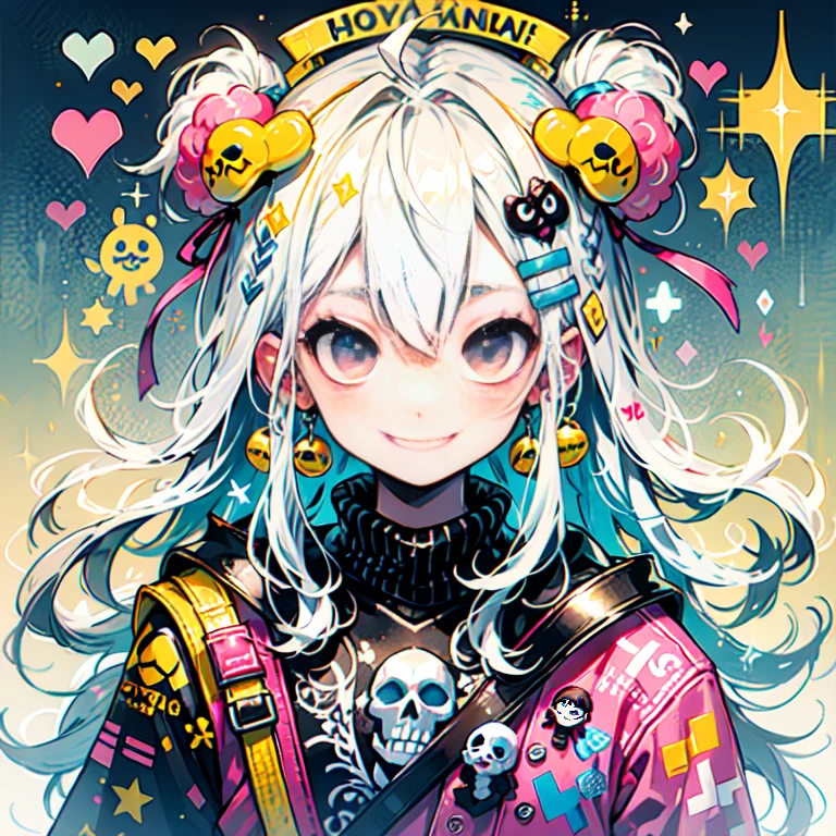 Ai Yazawa style、"cute, beautiful, Adorable girl wearing pink clothes, yellow, and baby blue color scheme. She is wearing a costume with a SKULL motif inspired by a female pirate.。.。.。.。.。.。.... Fashionable hats, rock、Comes with decorative accessories such as hair clips. Embodying the vibrant and modern Harajuku fashion style。."