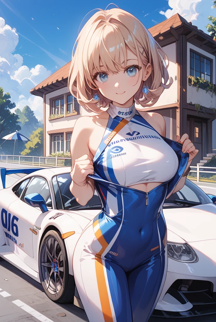 Highest quality, Great quality, 16K, Unbelievably absurd, Very detailed, 2.5D, delicate and dynamic,blue sky, Small face, Very delicate look, Delicate eye depiction, Very Fine Hair, Sexy Woman, Muscular, Height: 175cm, Blonde,Short Hair,Sexy long legs,Race Queen , 派手なRace Queenのコスチューム,Tight Skirt, White Leather Long Boots, Auto Racing Track,Cinema Lighting, (Perfect glowing skin:0.6),Always high quality CG Unity 8K wallpapers