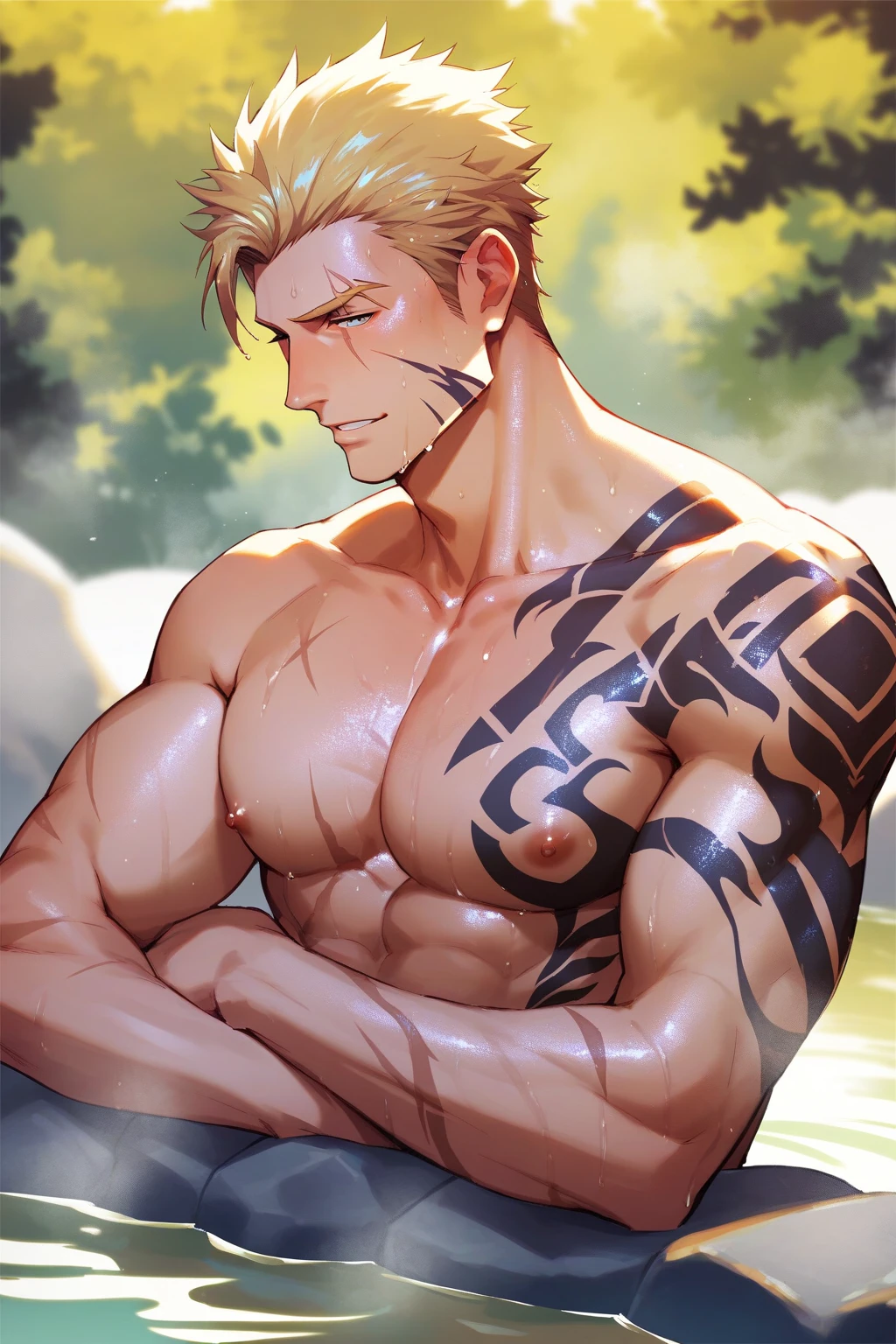 Muscular male wearing cute pink panties and thigh high socks, has flowing white hair, has wolf ears, has wolf tail, wearing lingerie, sweaty, is alone, solo